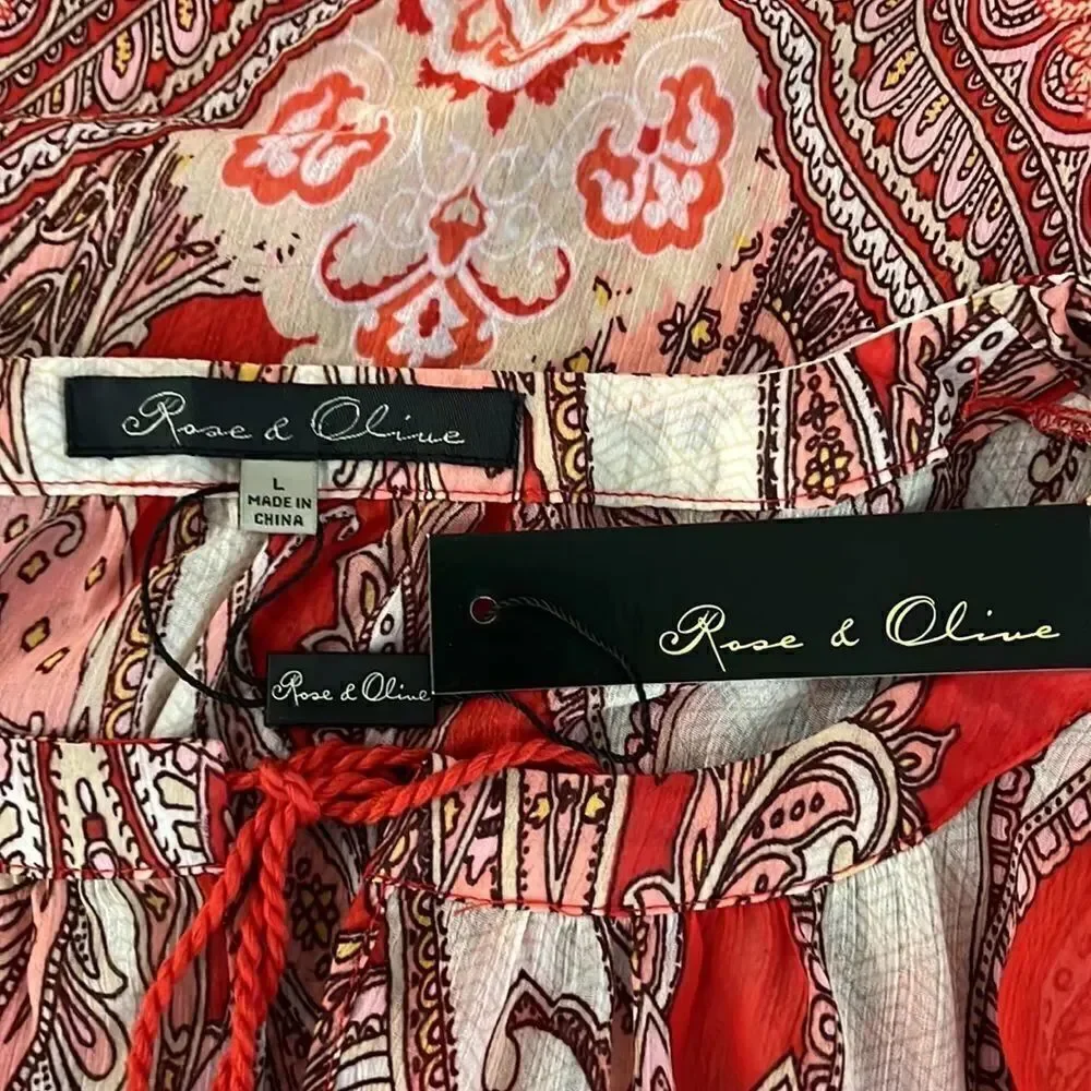 NWT Rose & Olive Boho Style Paisley Print Top Blouse with Tassels
